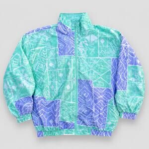 Vintage Windbreaker Medium Teal Colorful Full Zip Jacket 80s 90s Slade Geometric